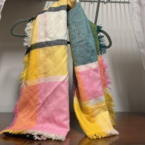 David and Young Women's Yellow, Pink, Green, White + Black Plaid Blanket Scarf